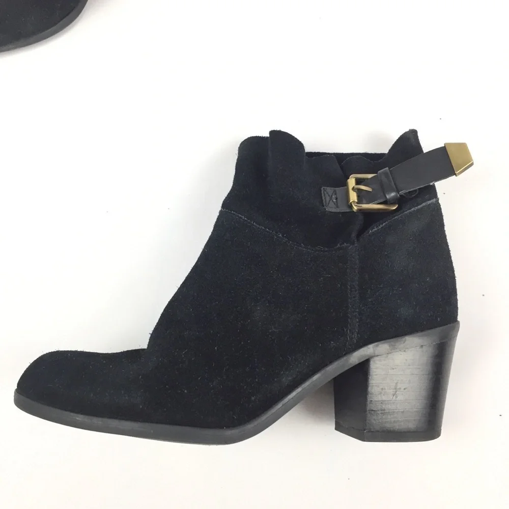 Franco Sarto Black Suede Leather Bootie Gold Buckle Sz 5.5